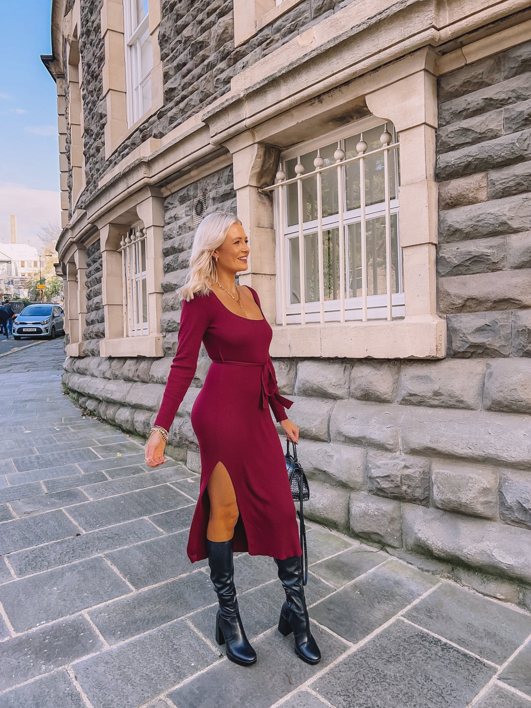 Premium burgundy tie waist knit midi dress