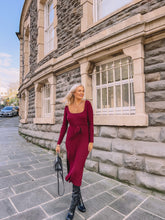 Load image into Gallery viewer, Premium burgundy tie waist knit midi dress
