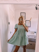 Load image into Gallery viewer, gingham smock dress, smock dress, beach dress, holiday dress, ruffle mini dress, gingham ruffle mini dress
