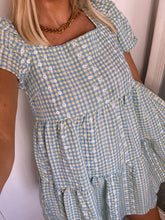 Load image into Gallery viewer, gingham smock dress, smock dress, beach dress, holiday dress, ruffle mini dress, gingham ruffle mini dress
