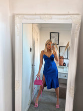 Load image into Gallery viewer, royal blue satin midi dress, blue satin midi dress, satin midi dress, strappy satin dress, wedding guest dress
