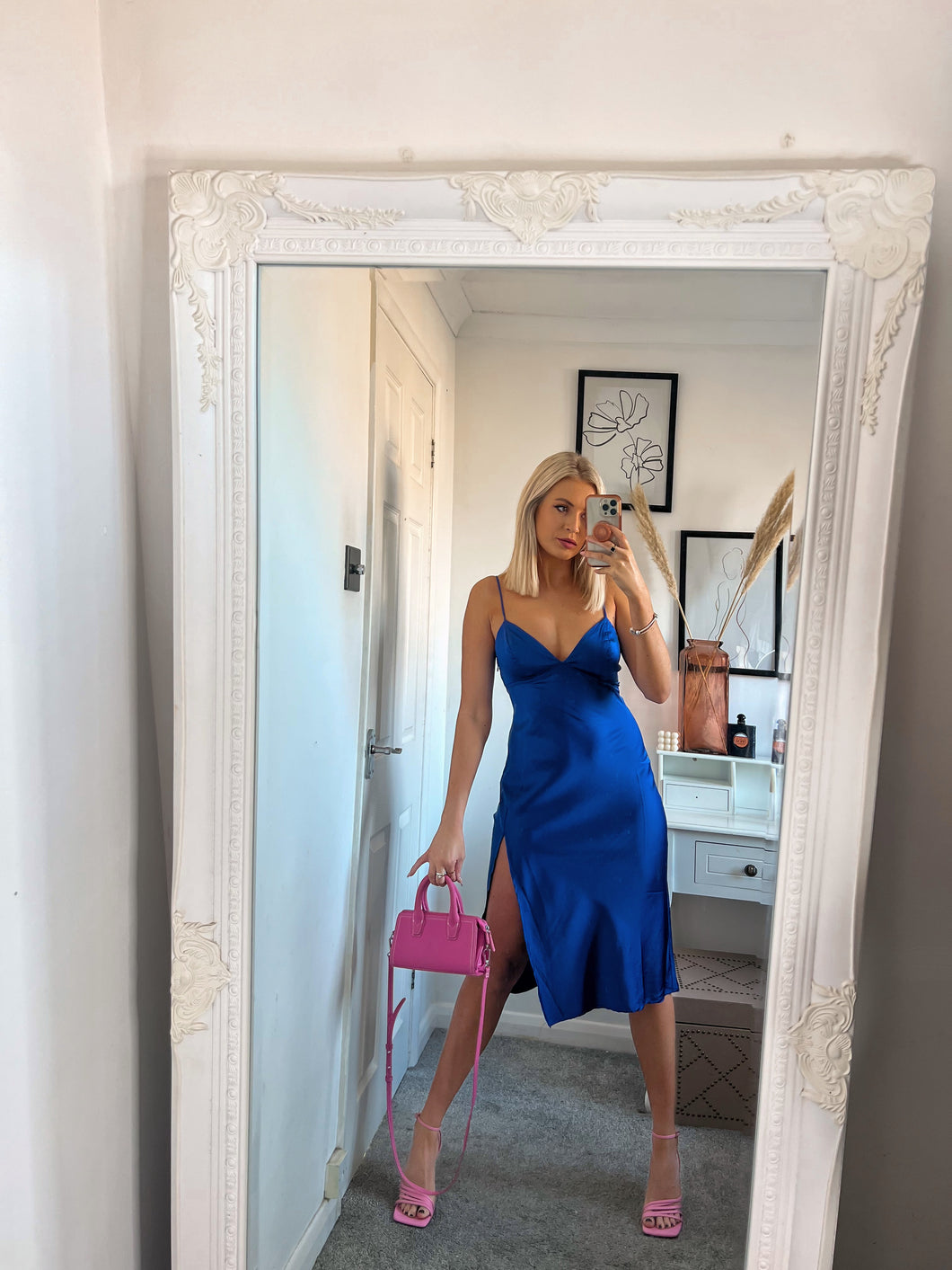 royal blue satin midi dress, blue satin midi dress, satin midi dress, strappy satin dress, wedding guest dress