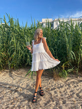 Load image into Gallery viewer, white ruffle smock dress, white ruffle beach dress, white smock dress, white beach dress, white mini dress
